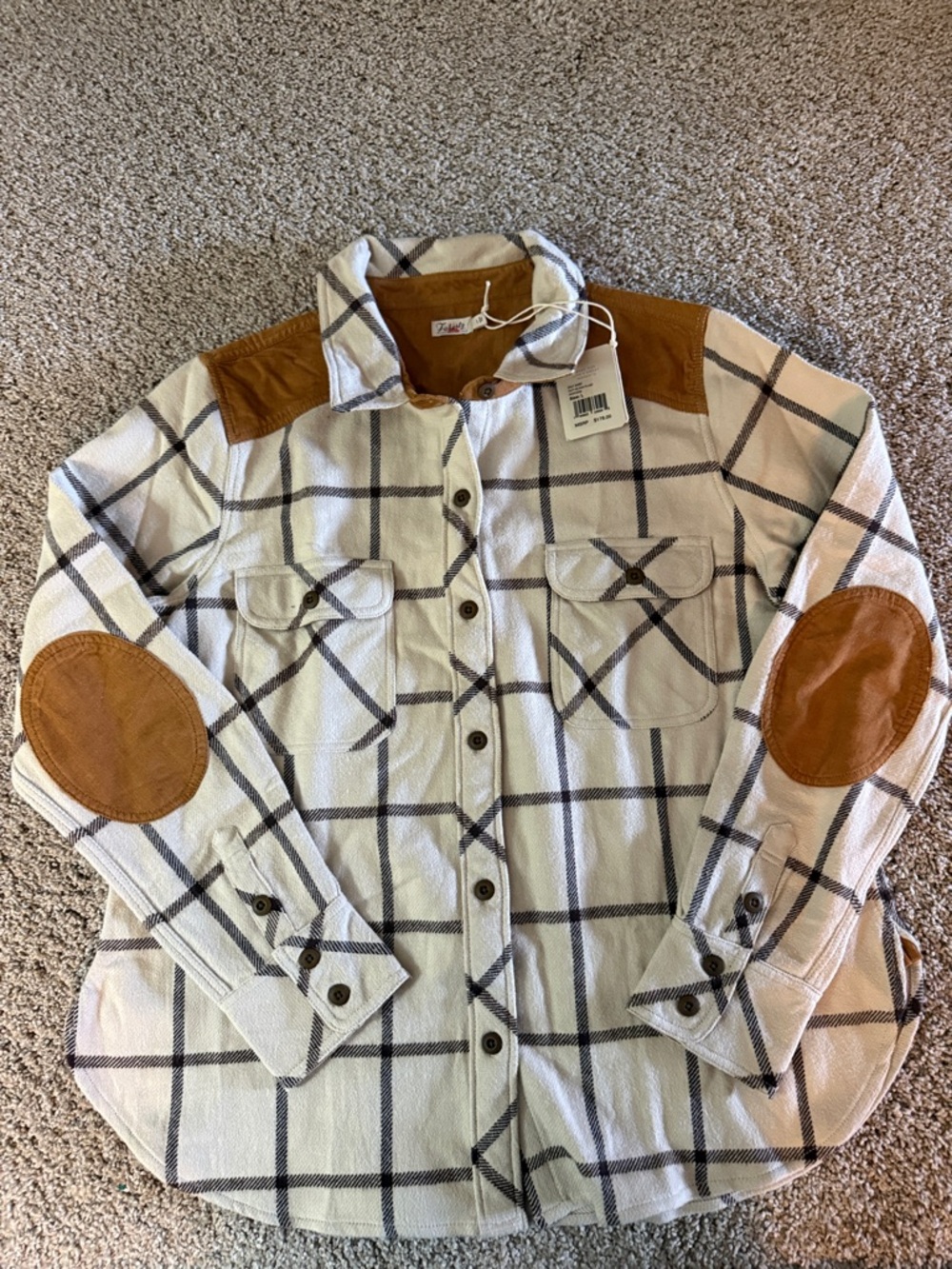 Women’s Cream Plaid Button-Up Shirt with Brown Suede Accents